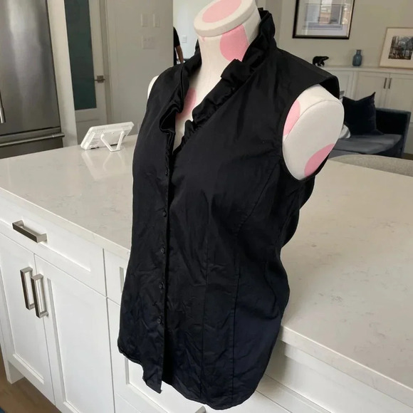 Brooks Brothers Slvless Frill Neck Button Down Cotton Fitted Blouse Black Sz 4 - Picture 3 of 8